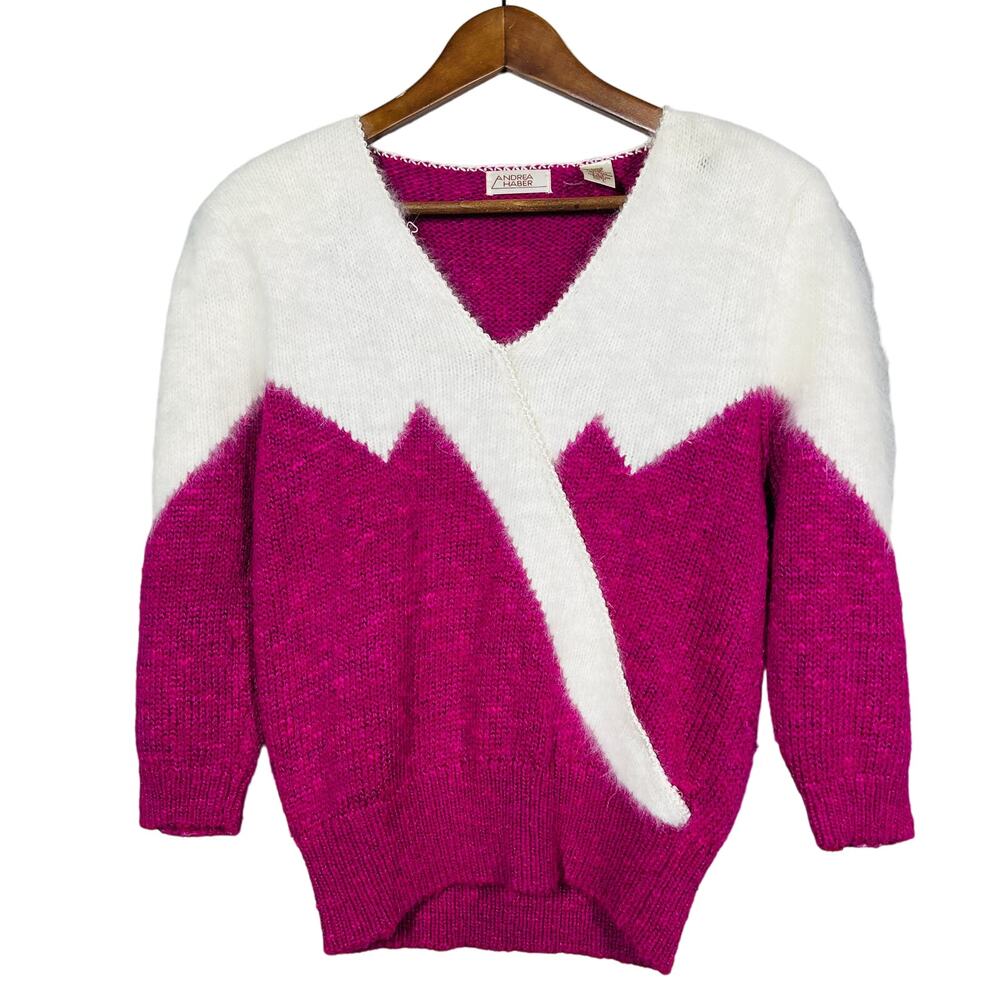Vintage Andrea Haber Angora Rabbit Sweater Pink White V Neck SOFT Romantic - L
